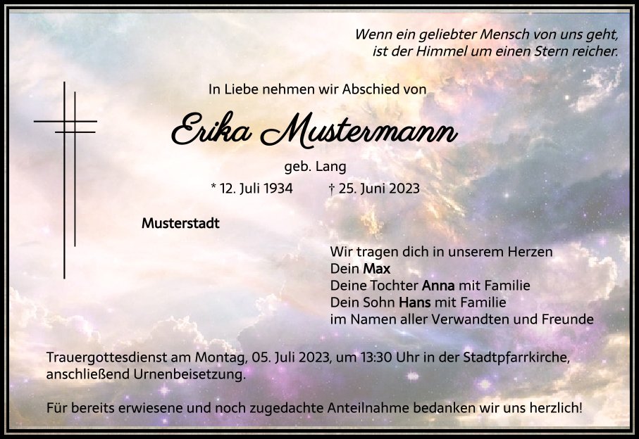 Musterbeispiel einer Traueranzeige